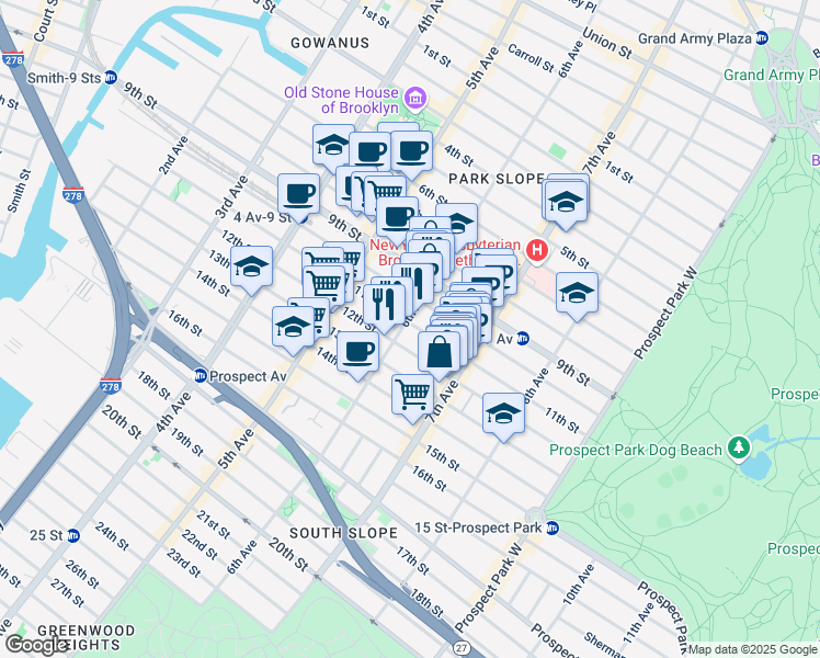 map of restaurants, bars, coffee shops, grocery stores, and more near 422 11th Street in Brooklyn