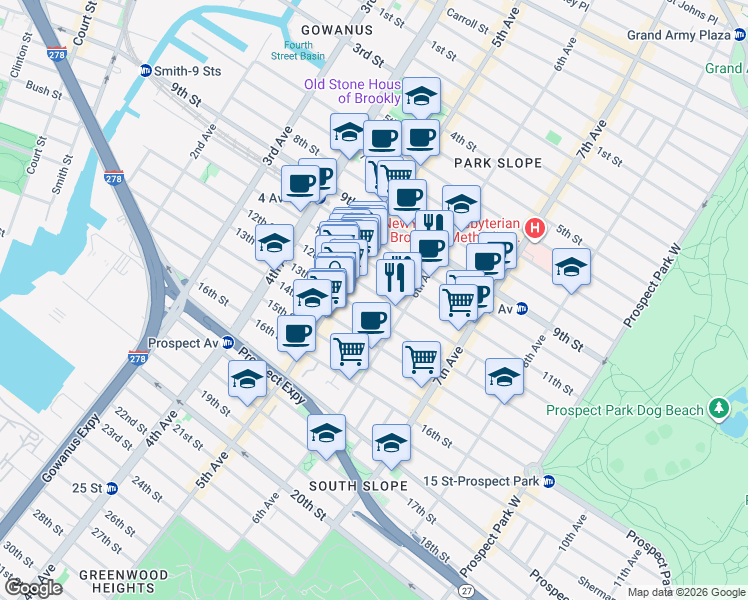 map of restaurants, bars, coffee shops, grocery stores, and more near 486 6th Avenue in Brooklyn