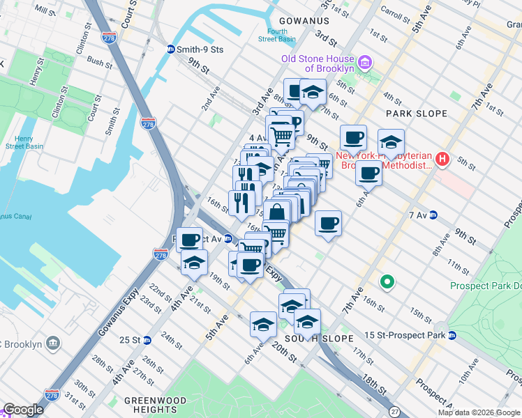 map of restaurants, bars, coffee shops, grocery stores, and more near 173 15th Street in Brooklyn