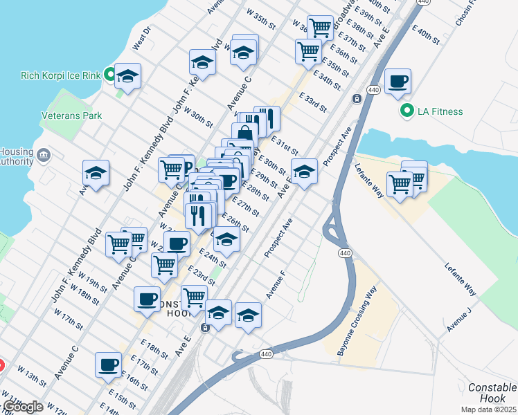 map of restaurants, bars, coffee shops, grocery stores, and more near 45 East 27th Street in Bayonne