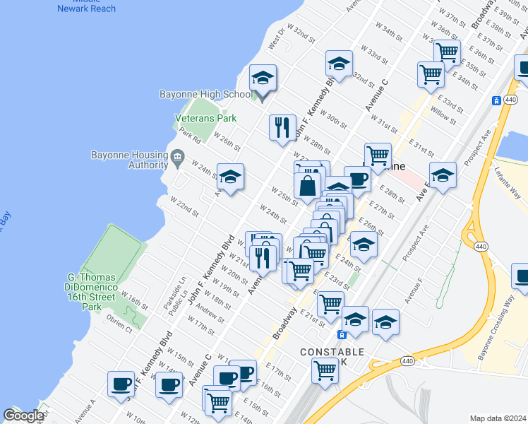 map of restaurants, bars, coffee shops, grocery stores, and more near 81-83 East 24th Street in Bayonne