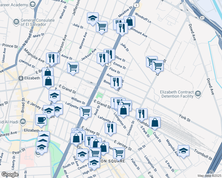 map of restaurants, bars, coffee shops, grocery stores, and more near 917 Magnolia Avenue in Elizabeth