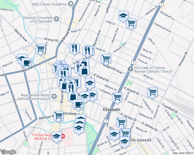 map of restaurants, bars, coffee shops, grocery stores, and more near 1091 William Street in Elizabeth