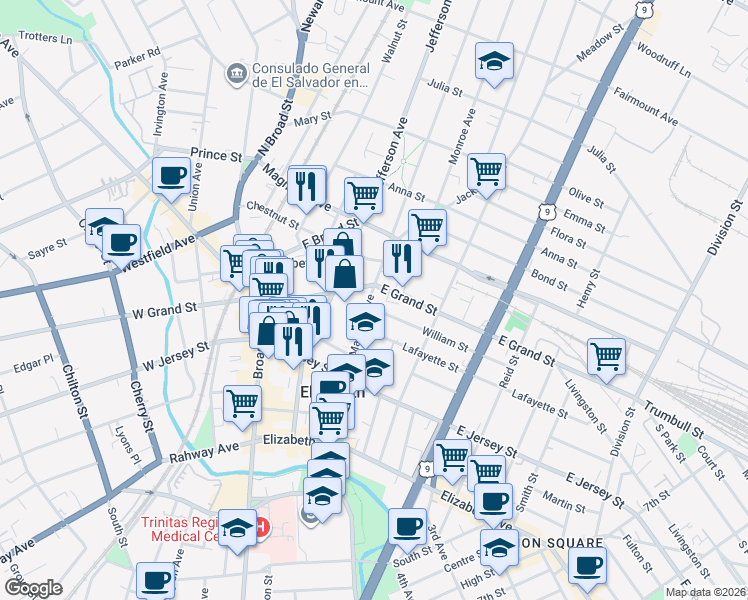 map of restaurants, bars, coffee shops, grocery stores, and more near 1091 William Street in Elizabeth