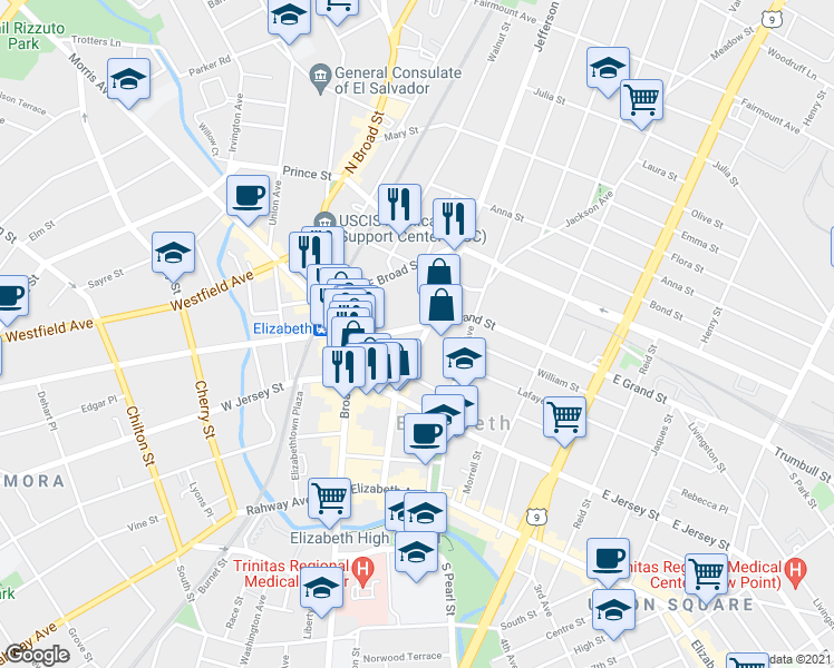 map of restaurants, bars, coffee shops, grocery stores, and more near 1160 East Grand Street in Elizabeth