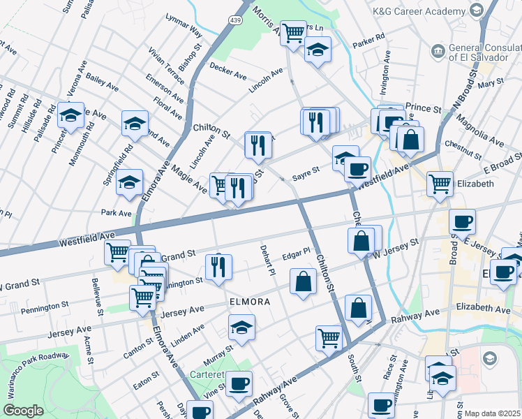map of restaurants, bars, coffee shops, grocery stores, and more near 236 Westfield Avenue in Elizabeth