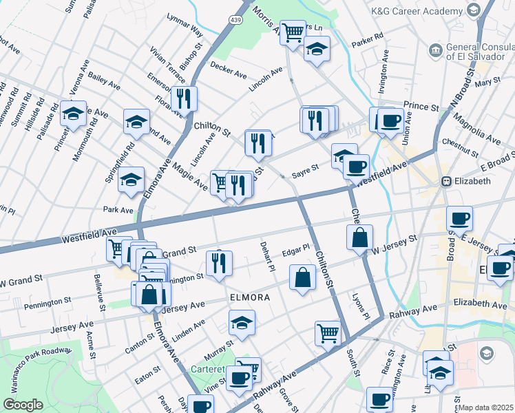map of restaurants, bars, coffee shops, grocery stores, and more near 268 New Jersey 28 in Elizabeth