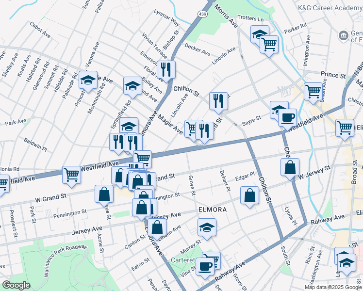 map of restaurants, bars, coffee shops, grocery stores, and more near 415 New Jersey 28 in Elizabeth