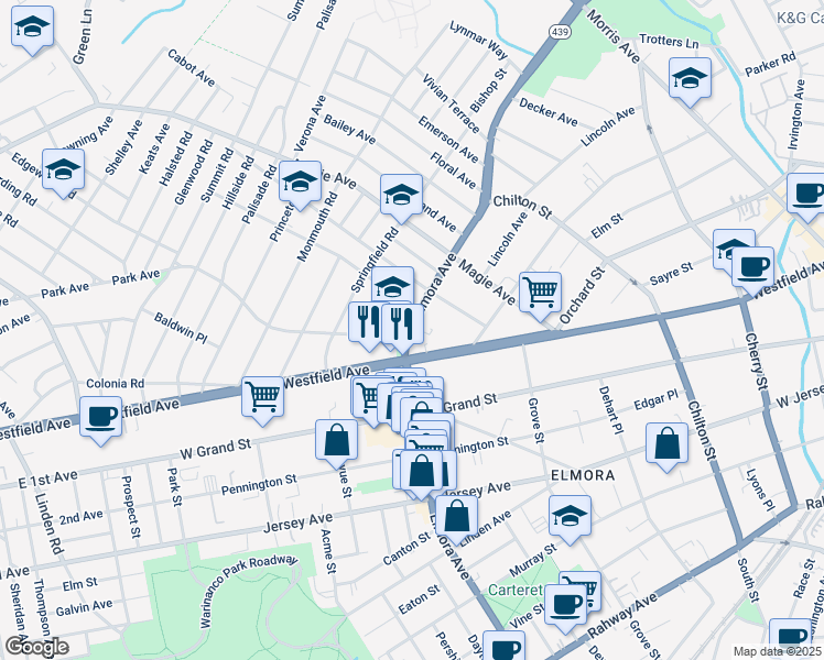 map of restaurants, bars, coffee shops, grocery stores, and more near 331 Elmora Avenue in Elizabeth
