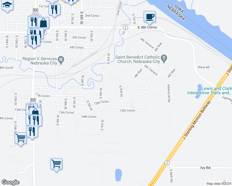 map of restaurants, bars, coffee shops, grocery stores, and more near 1101-1299 South 3rd Street in Nebraska City