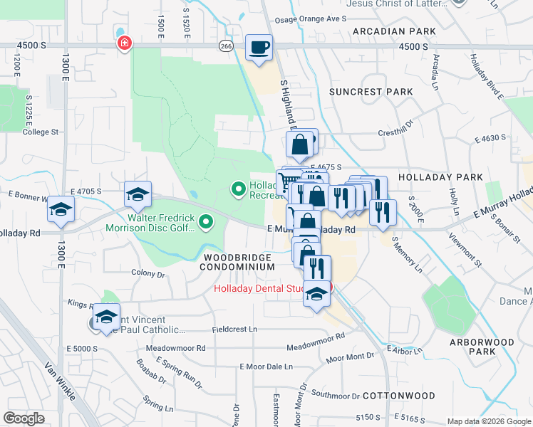 map of restaurants, bars, coffee shops, grocery stores, and more near in Holladay