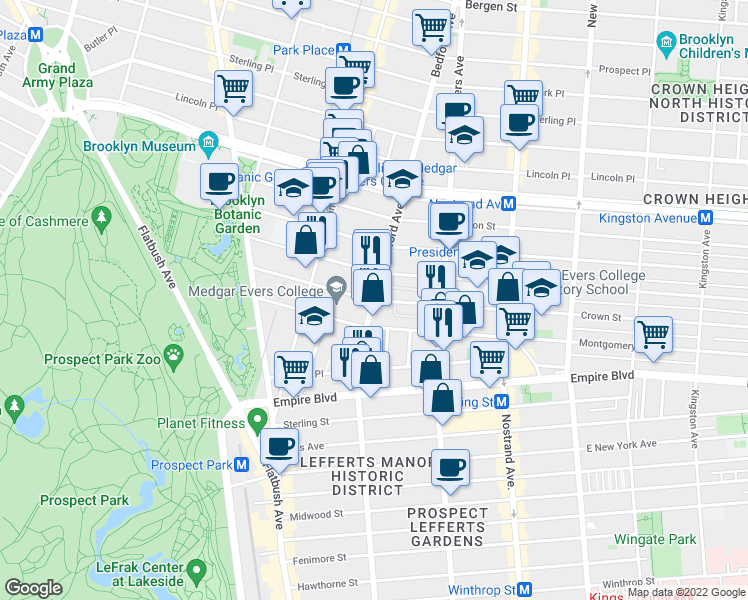 map of restaurants, bars, coffee shops, grocery stores, and more near Bedford Ave & Crown St in Brooklyn