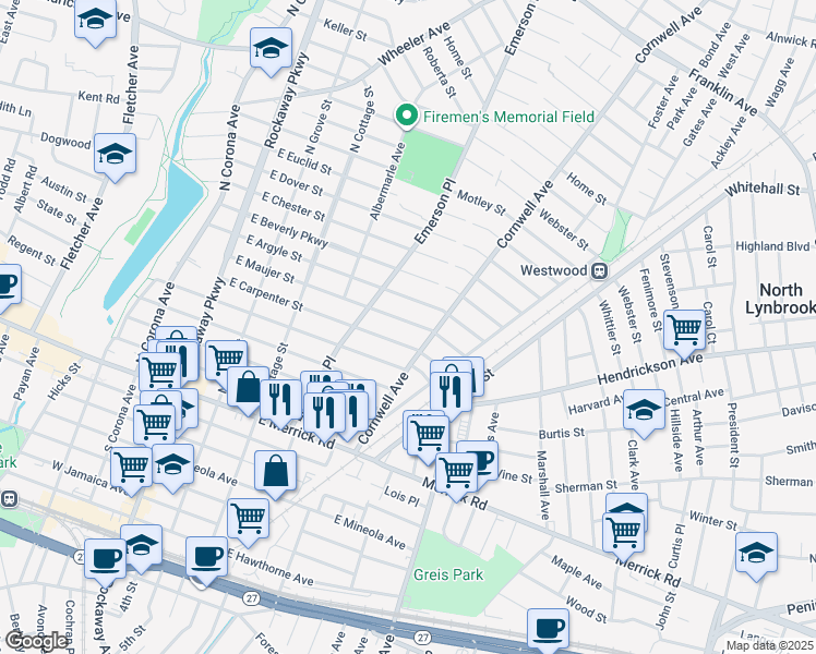 map of restaurants, bars, coffee shops, grocery stores, and more near 188 East Maujer Street in Valley Stream