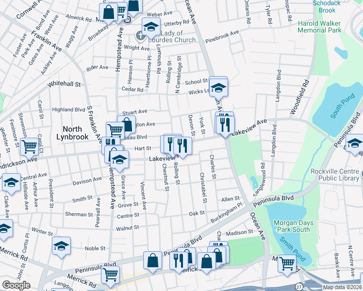 map of restaurants, bars, coffee shops, grocery stores, and more near 170 Rolling Street in Malverne