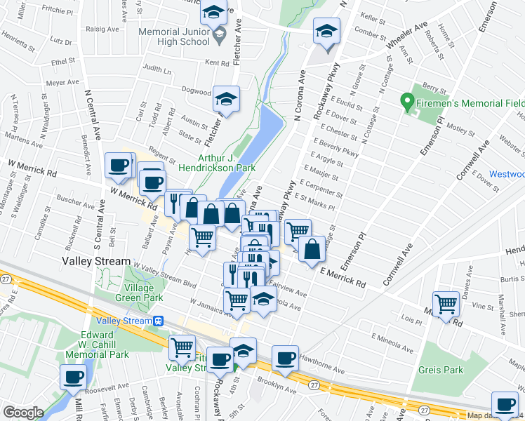 map of restaurants, bars, coffee shops, grocery stores, and more near 21 West Oxford Street in Valley Stream