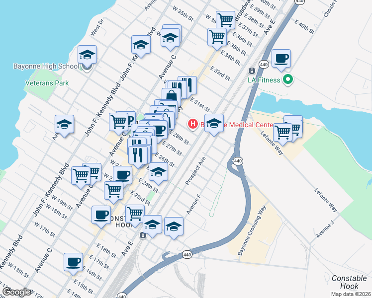 map of restaurants, bars, coffee shops, grocery stores, and more near 45 East 27th Street in Bayonne