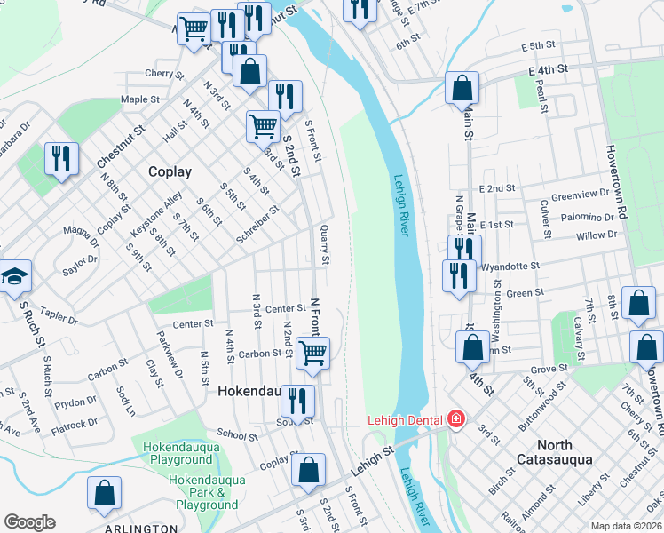 map of restaurants, bars, coffee shops, grocery stores, and more near 3300 Quarry Street in Hokendauqua