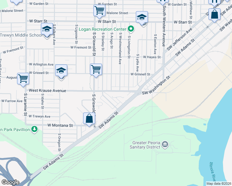 map of restaurants, bars, coffee shops, grocery stores, and more near 2300 W Krause Ave in Peoria