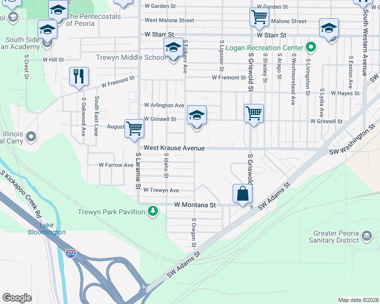 map of restaurants, bars, coffee shops, grocery stores, and more near 2810 West Krause Avenue in Peoria