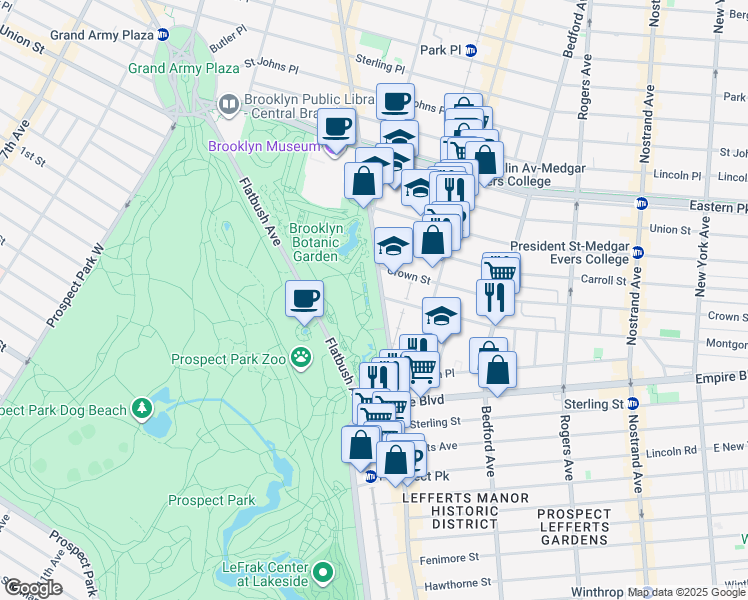 map of restaurants, bars, coffee shops, grocery stores, and more near 1000 Washington Avenue in Brooklyn