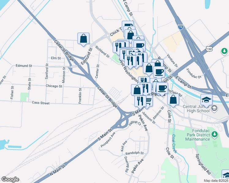 map of restaurants, bars, coffee shops, grocery stores, and more near 200 Commercial Drive in East Peoria
