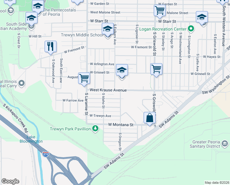 map of restaurants, bars, coffee shops, grocery stores, and more near 2810 West Krause Avenue in Peoria