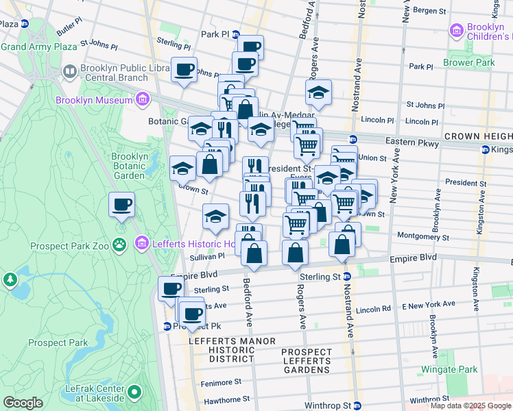 map of restaurants, bars, coffee shops, grocery stores, and more near 1637 Bedford Avenue in Brooklyn