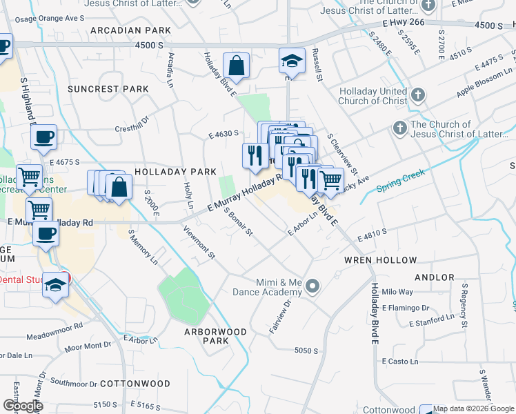 map of restaurants, bars, coffee shops, grocery stores, and more near 2220 East Murray Holladay Road in Holladay