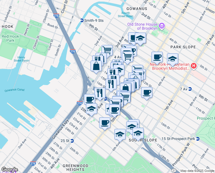 map of restaurants, bars, coffee shops, grocery stores, and more near 554 4th Avenue in Brooklyn