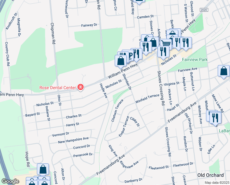 map of restaurants, bars, coffee shops, grocery stores, and more near 4240 Bayard Street in Easton