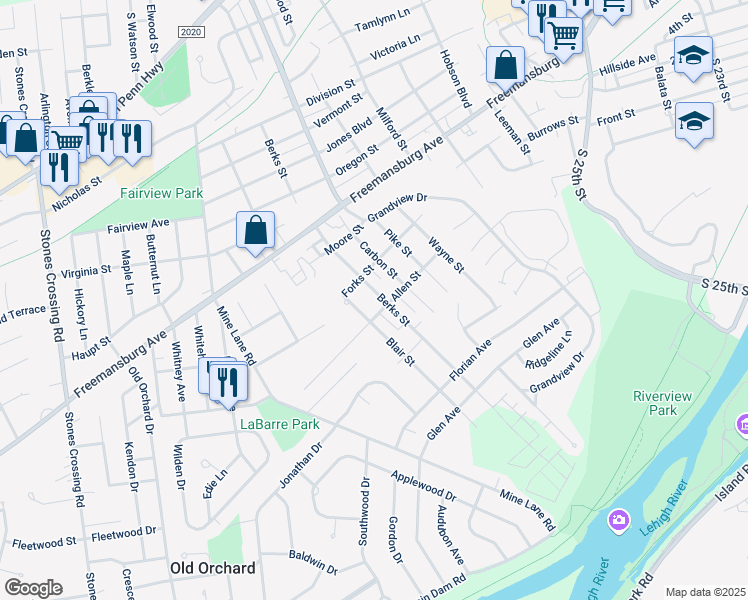 map of restaurants, bars, coffee shops, grocery stores, and more near 223 Berks Street in Easton