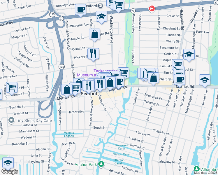 map of restaurants, bars, coffee shops, grocery stores, and more near 3953 Merrick Road in Seaford