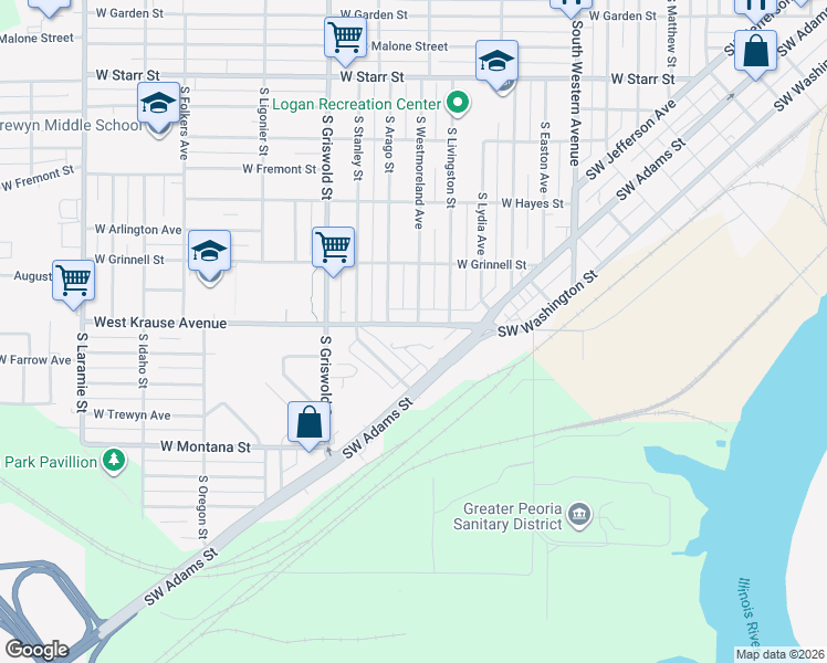 map of restaurants, bars, coffee shops, grocery stores, and more near 2300 West Krause Avenue in Peoria