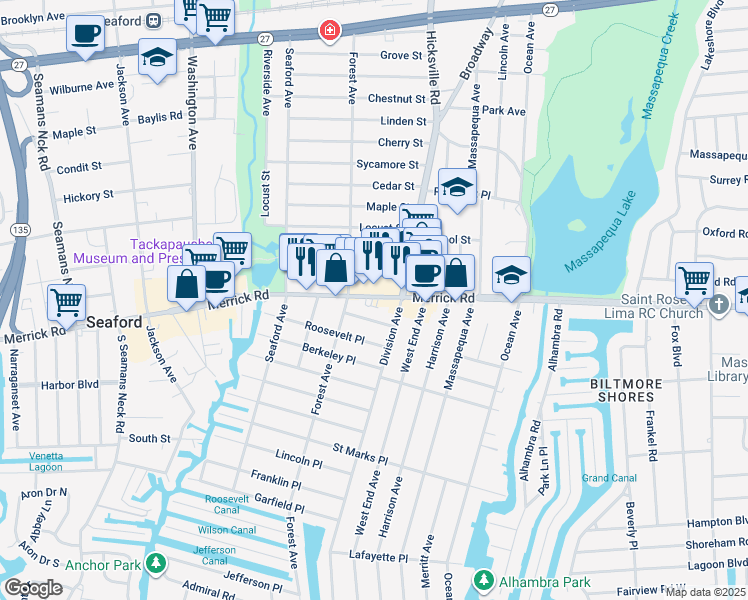 map of restaurants, bars, coffee shops, grocery stores, and more near 4230 Merrick Road in Massapequa