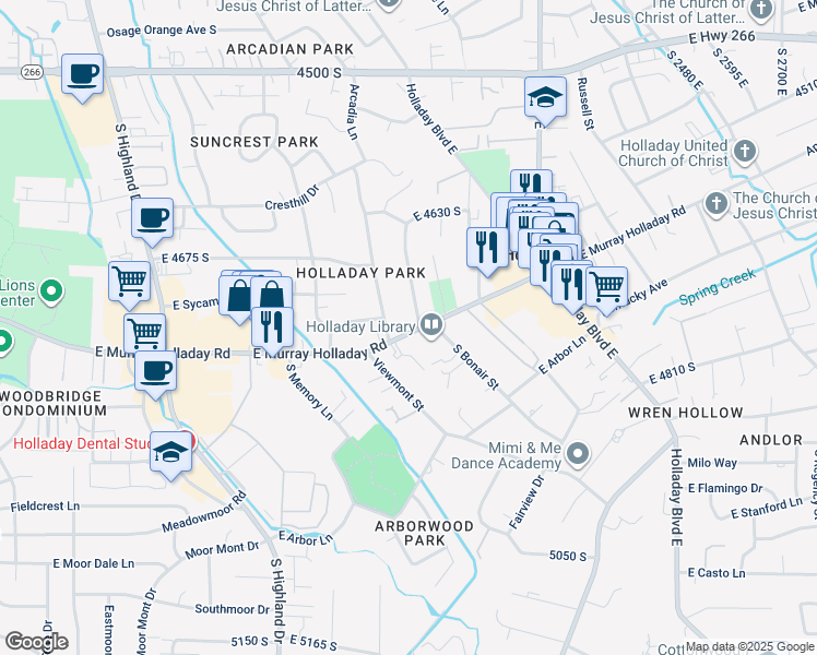 map of restaurants, bars, coffee shops, grocery stores, and more near 2015 East Murray Holladay Road in Holladay