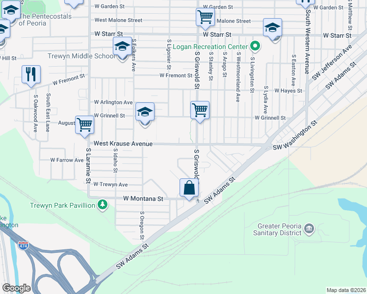 map of restaurants, bars, coffee shops, grocery stores, and more near 2520 West Krause Avenue in Peoria
