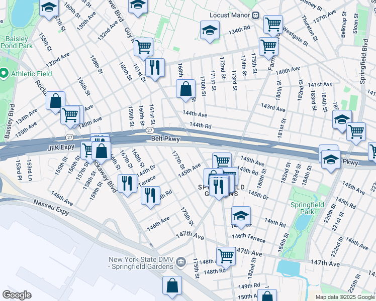 map of restaurants, bars, coffee shops, grocery stores, and more near 17701 144th Drive in Queens