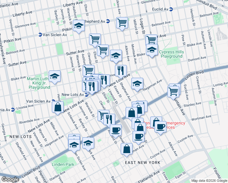 map of restaurants, bars, coffee shops, grocery stores, and more near 700 Essex Street in Brooklyn