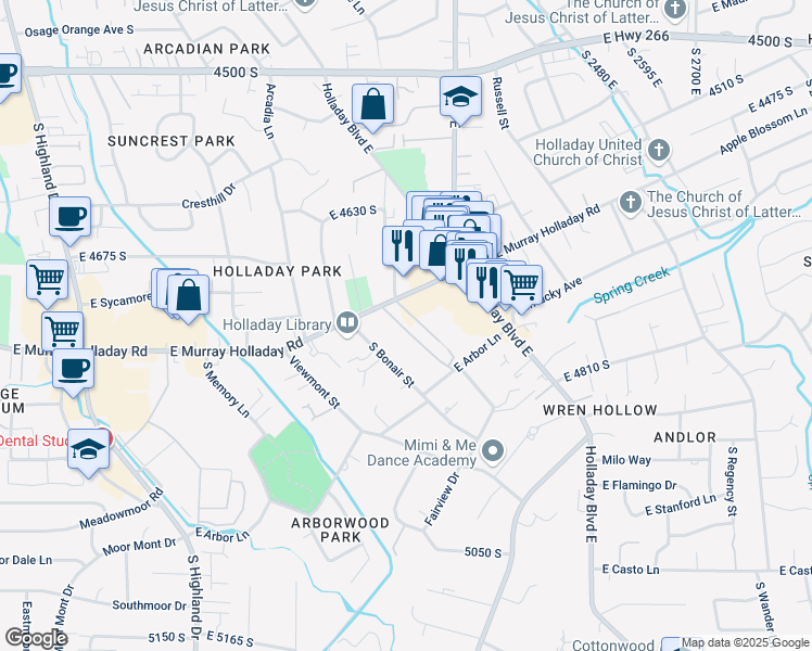 map of restaurants, bars, coffee shops, grocery stores, and more near 2220 East Murray Holladay Road in Holladay