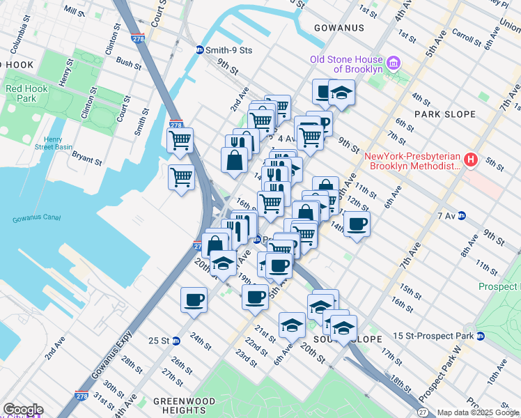 map of restaurants, bars, coffee shops, grocery stores, and more near 109 16th Street in Brooklyn