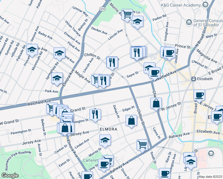 map of restaurants, bars, coffee shops, grocery stores, and more near 268 New Jersey 28 in Elizabeth