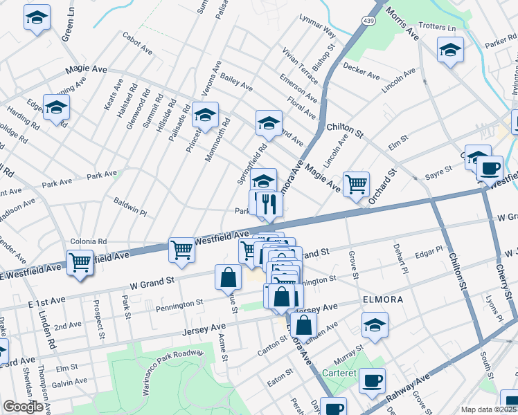 map of restaurants, bars, coffee shops, grocery stores, and more near 617 Park Avenue in Elizabeth