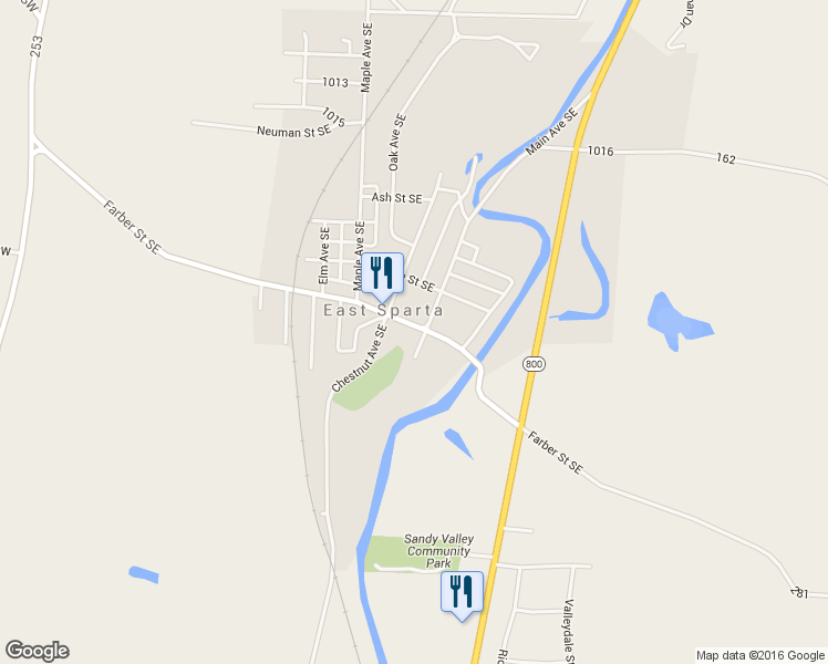 map of restaurants, bars, coffee shops, grocery stores, and more near 2080 Walnut St SE in East Sparta