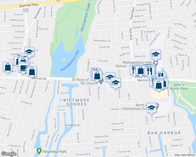 map of restaurants, bars, coffee shops, grocery stores, and more near 4657 Merrick Road in Massapequa
