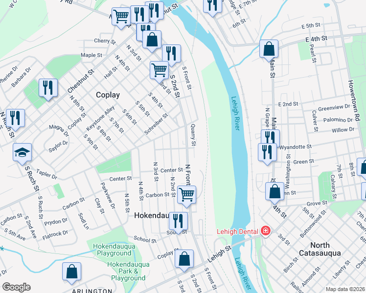 map of restaurants, bars, coffee shops, grocery stores, and more near 3405 North Front Street in Hokendauqua