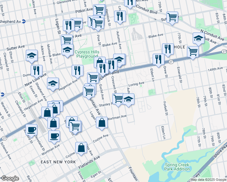 map of restaurants, bars, coffee shops, grocery stores, and more near 848 Crescent Street in Brooklyn