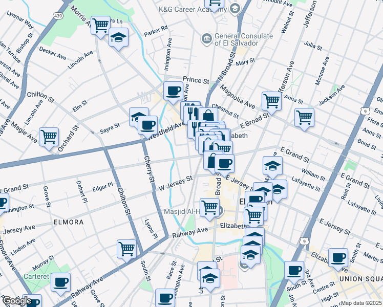 map of restaurants, bars, coffee shops, grocery stores, and more near 33 West Grand Street in Elizabeth