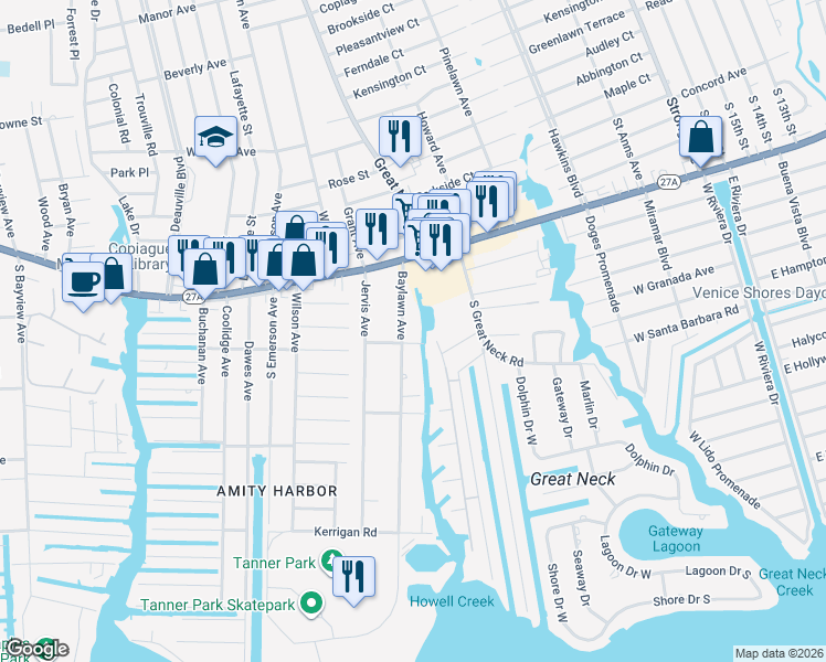 map of restaurants, bars, coffee shops, grocery stores, and more near 125 Clarence Street in Copiague