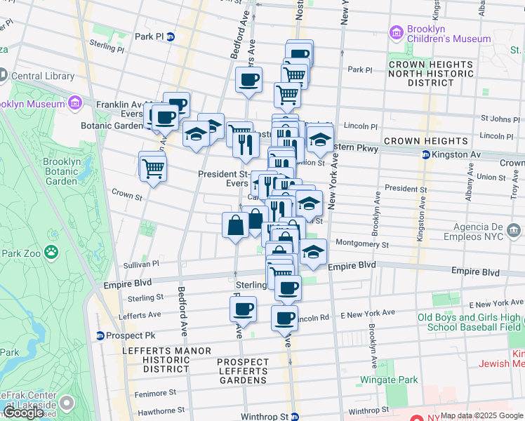 map of restaurants, bars, coffee shops, grocery stores, and more near 231 Crown Street in Brooklyn