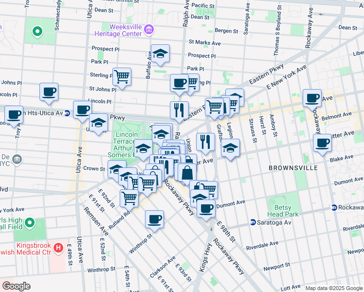 map of restaurants, bars, coffee shops, grocery stores, and more near 662 Ralph Avenue in Brooklyn